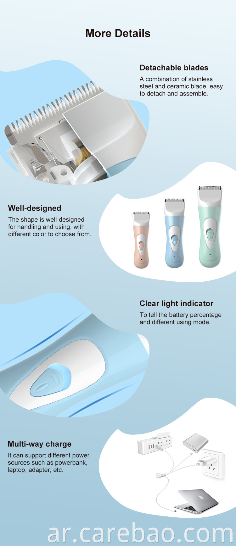 أفضل مبيعًا منتجًا للطفل مقاومًا للماء Carebao Electric Baby Body Hair Clipper للأطفال مع شفرة خزفية من الفولاذ المقاوم للصدأ